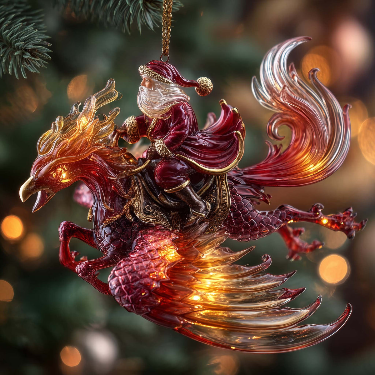 Santa Riding a Crimson Phoenix Christmas Ornament