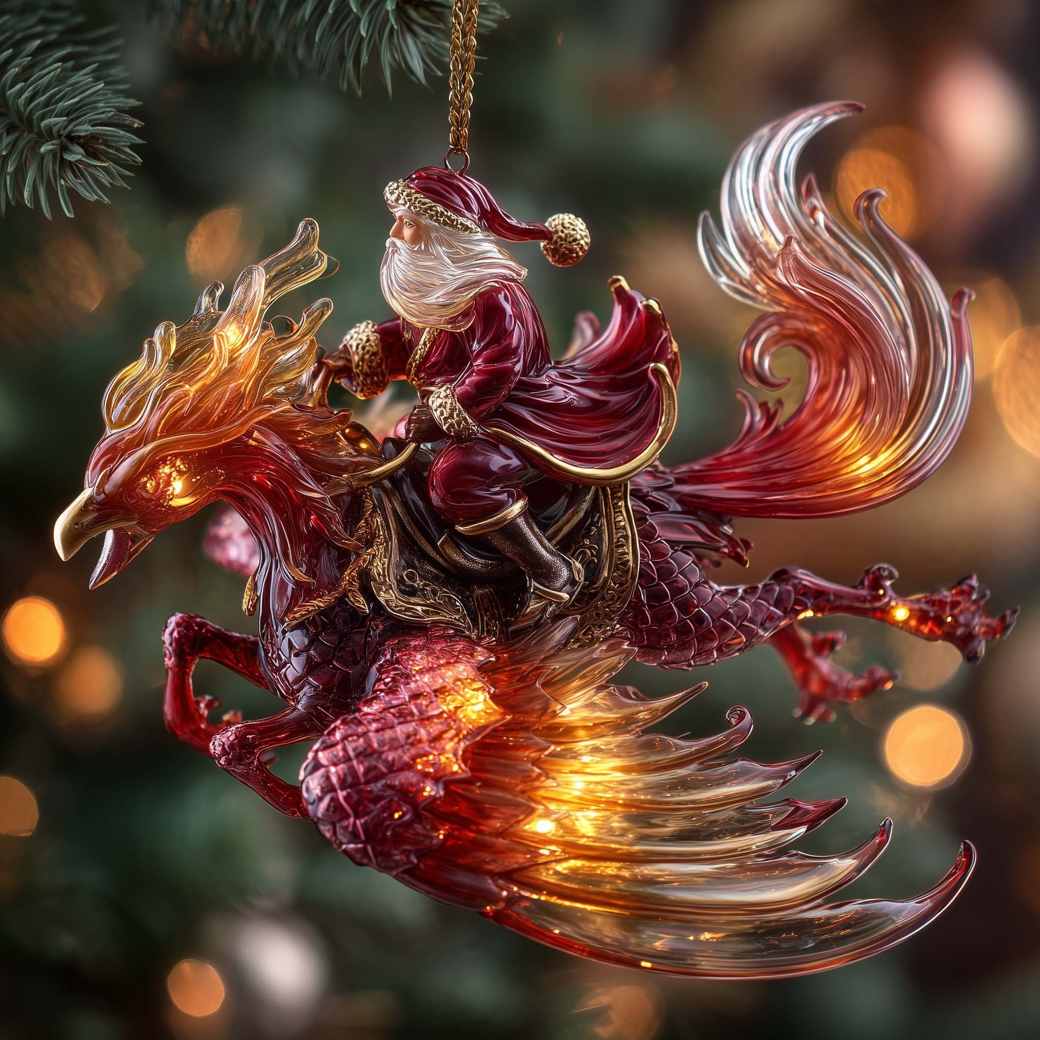 Santa Riding a Crimson Phoenix Christmas Ornament