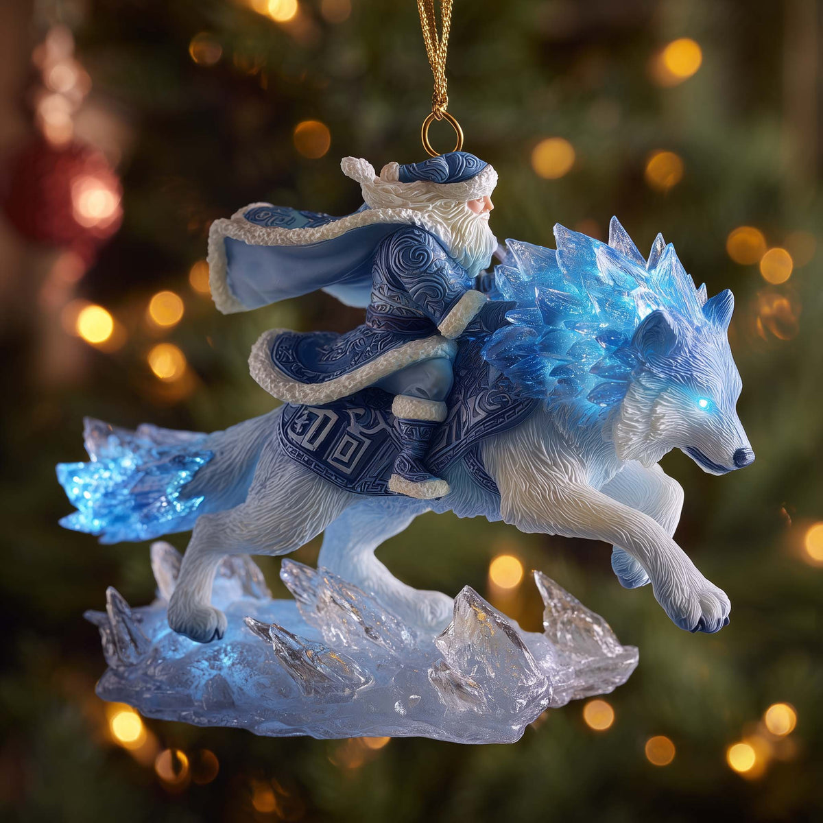 Santa Riding a Frost Wolf Christmas Ornament