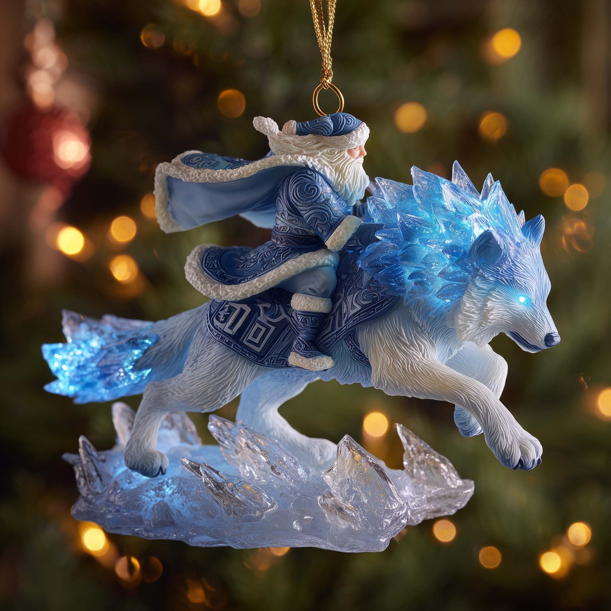 Santa Riding a Frost Wolf Christmas Ornament