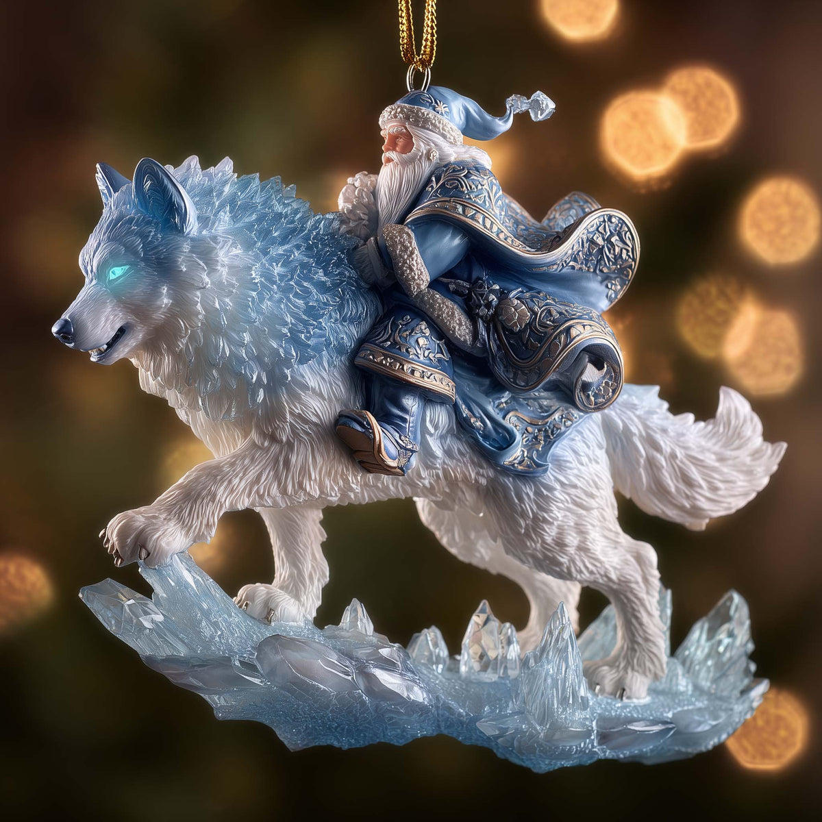 Santa on a White Winter Wolf Christmas Ornament