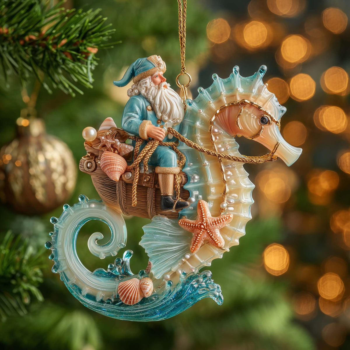 Santa on a Seahorse Wave Christmas Ornament