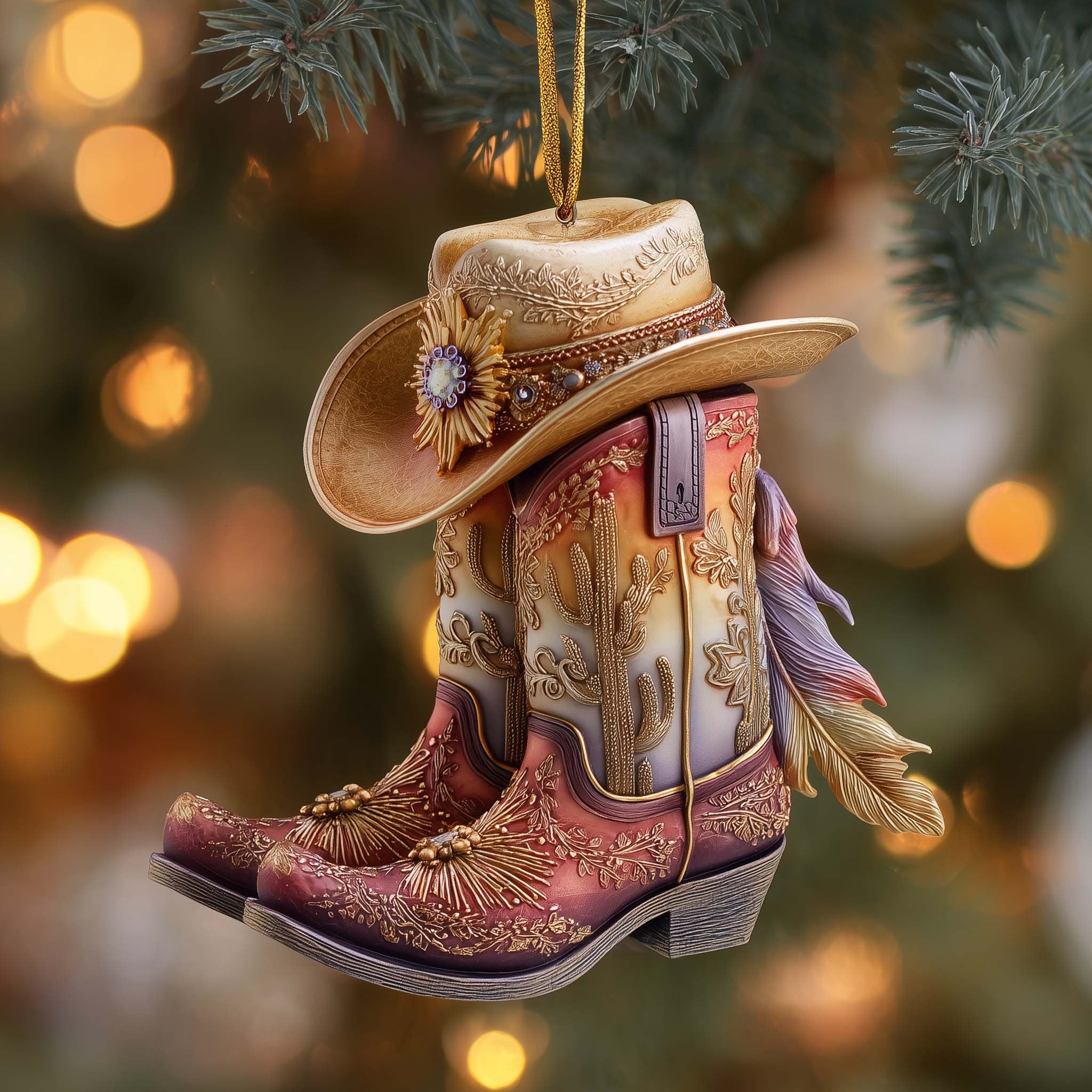 Cowboy Boots with a Feather Hat Christmas Ornament
