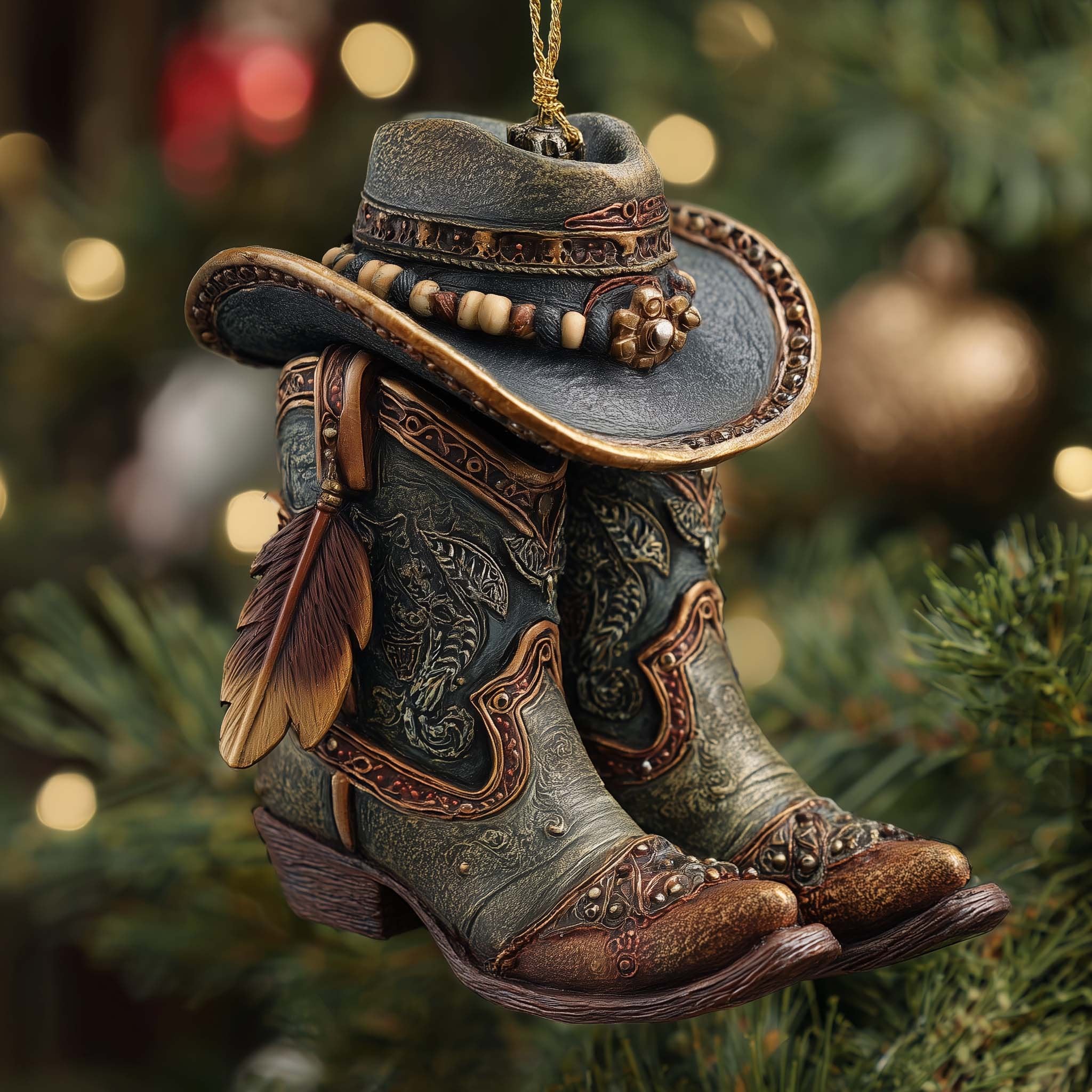 Tooled Leather Boots with Beaded Hat Christmas Ornament