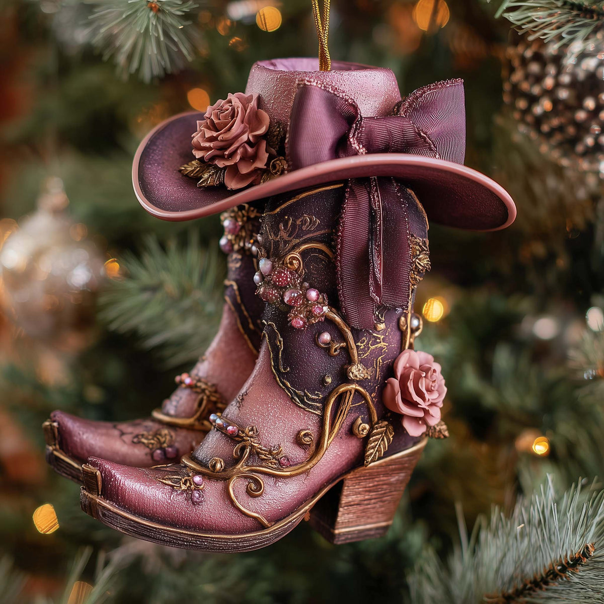 Rose Pink Cowgirl Boot Christmas Ornament