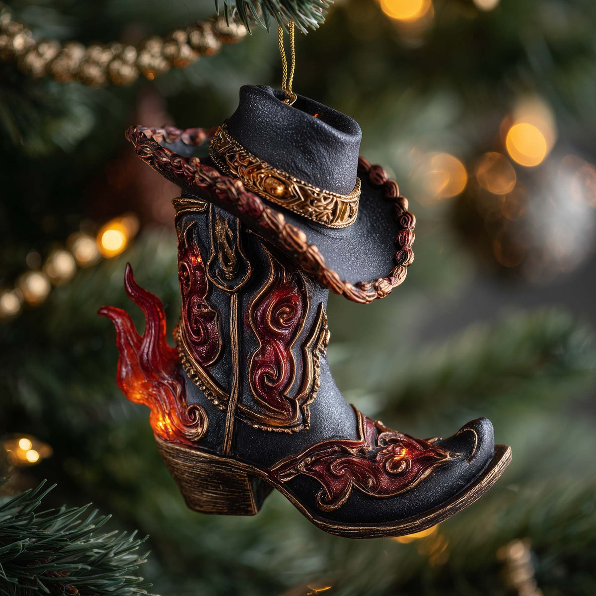 Flame Cowboy Boots in Black Christmas Ornament