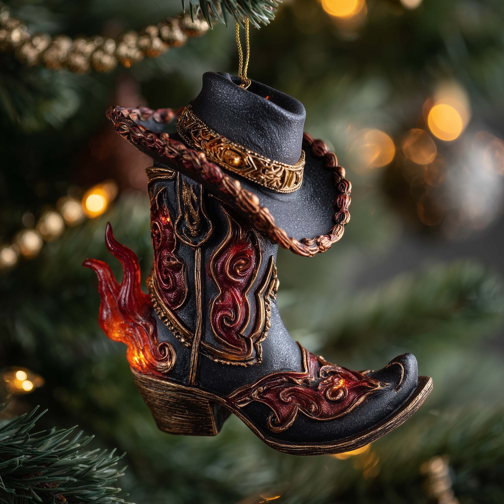 Flame Cowboy Boots in Black Christmas Ornament