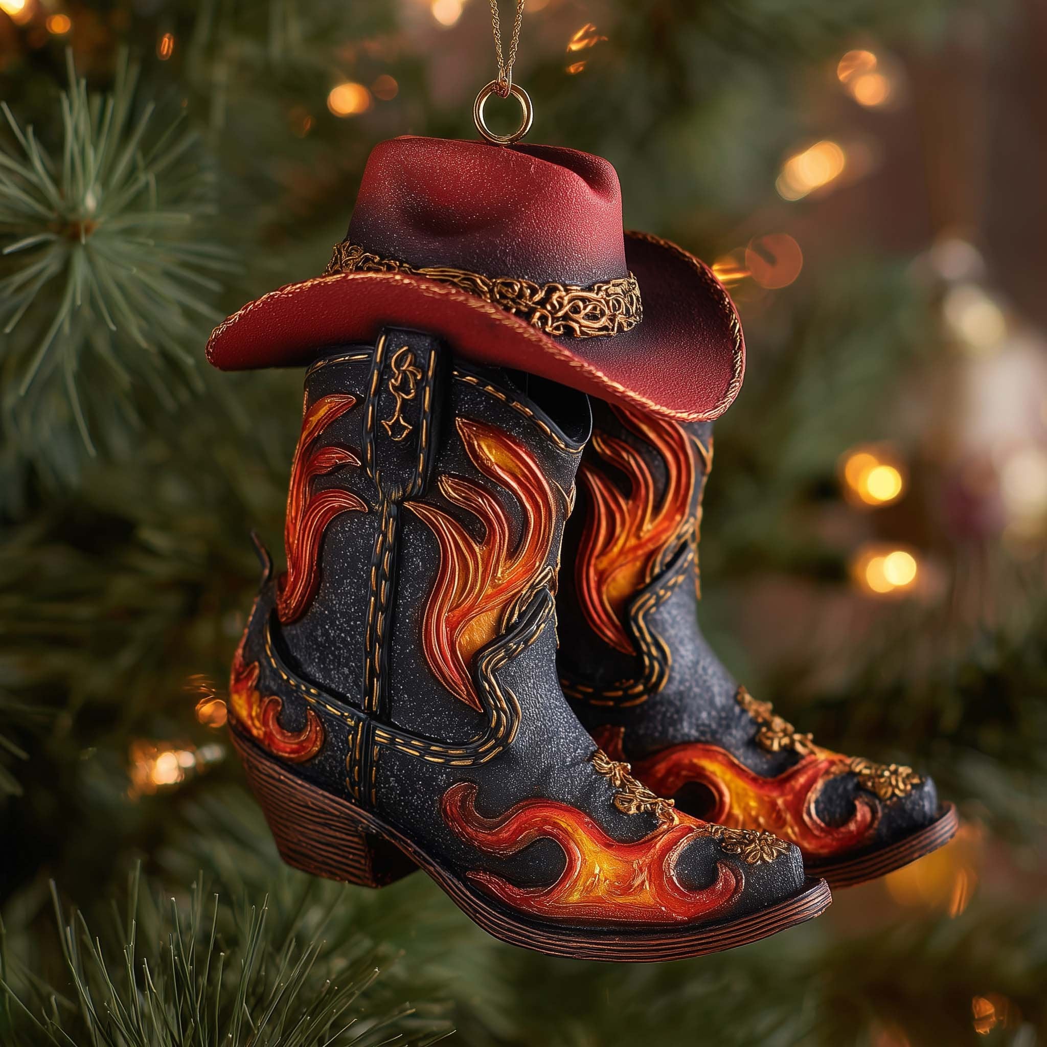 Fire Pattern Boots with a Red Hat Christmas Ornament