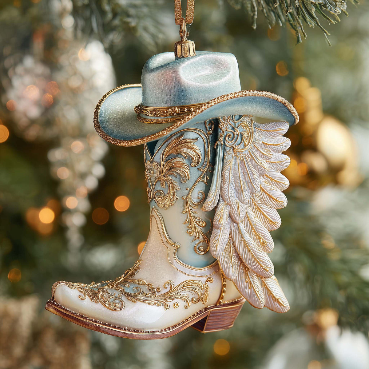 Angel Wing Ivory Cowboy Boots Christmas Ornament