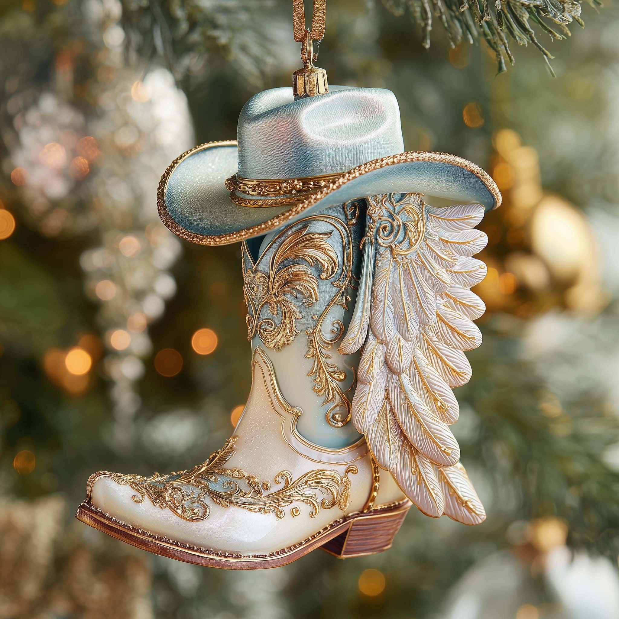 Angel Wing Ivory Cowboy Boots Christmas Ornament