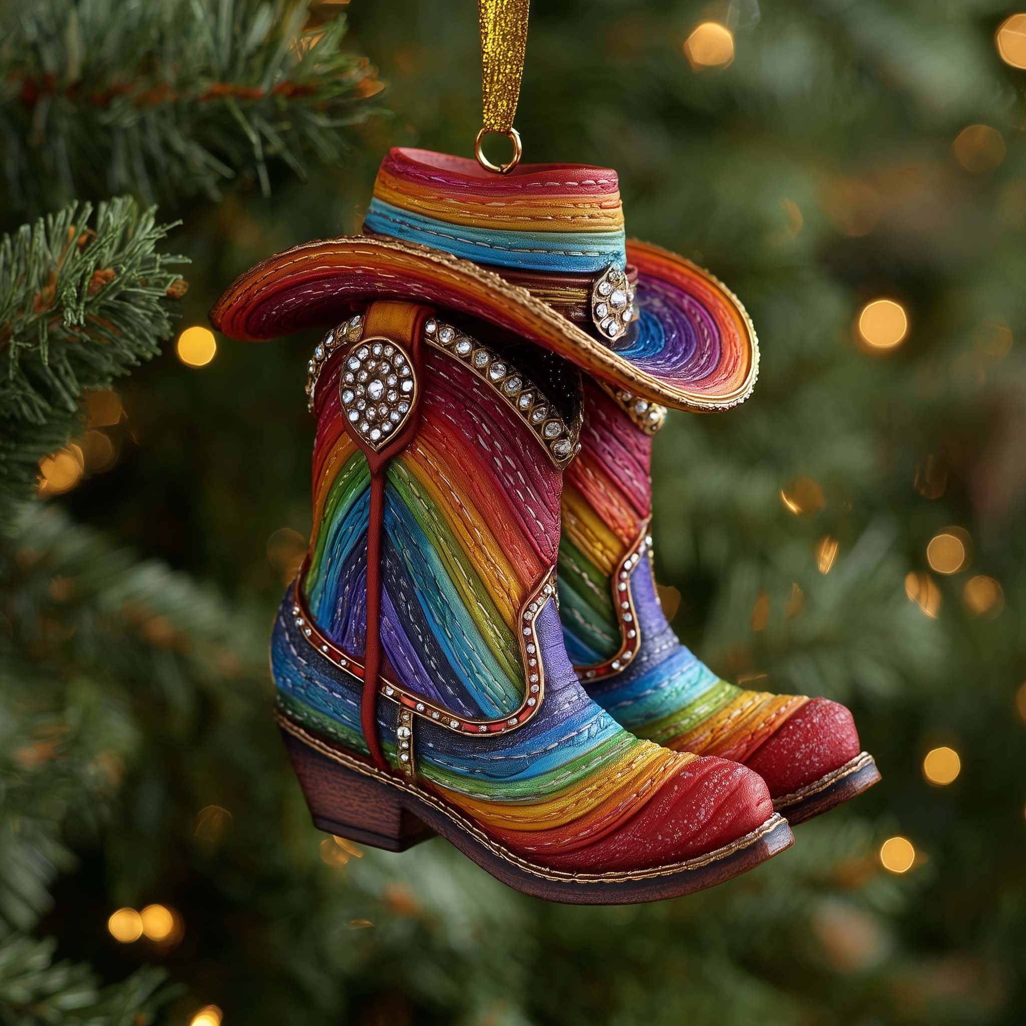Rainbow Serape Cowboy Boots Christmas Ornament