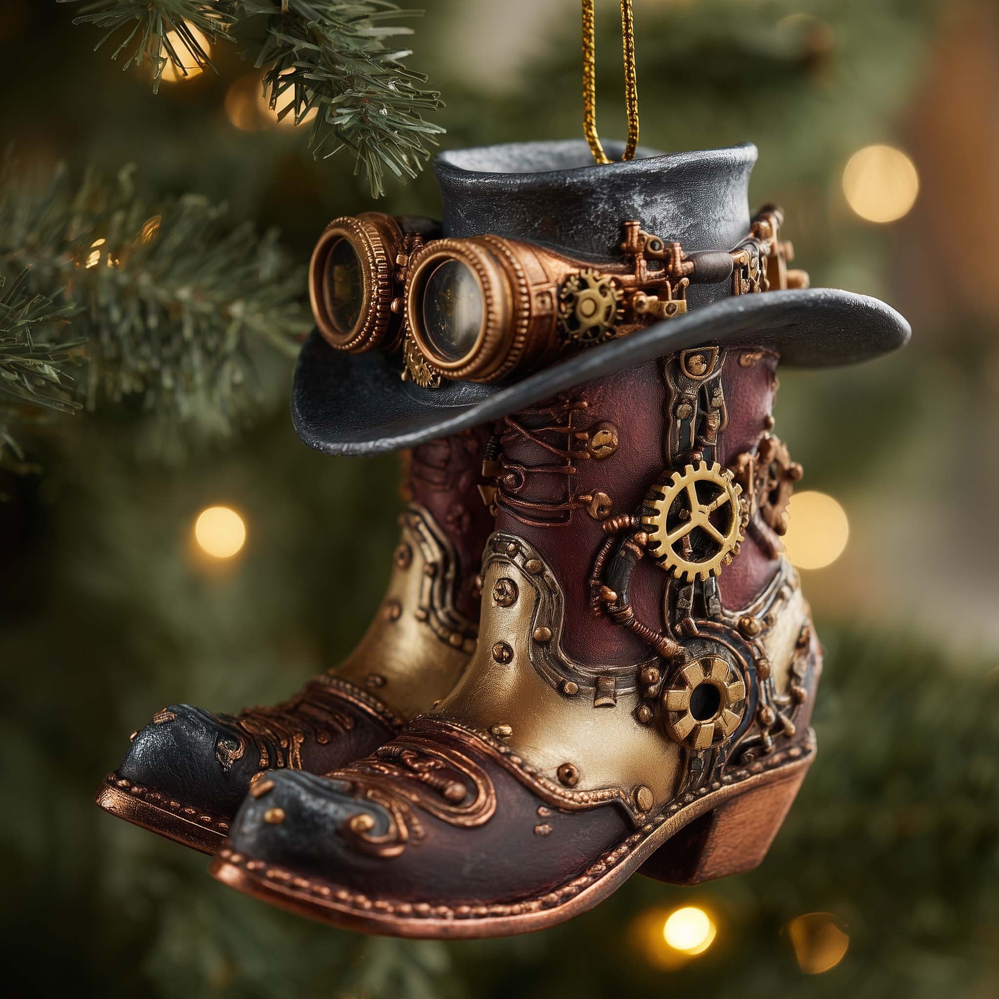 Steampunk Cowboy Boot with Goggles Christmas Ornament