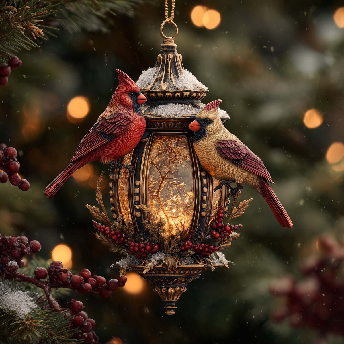 Cardinal Pair on a Glowing Lantern Christmas Ornament