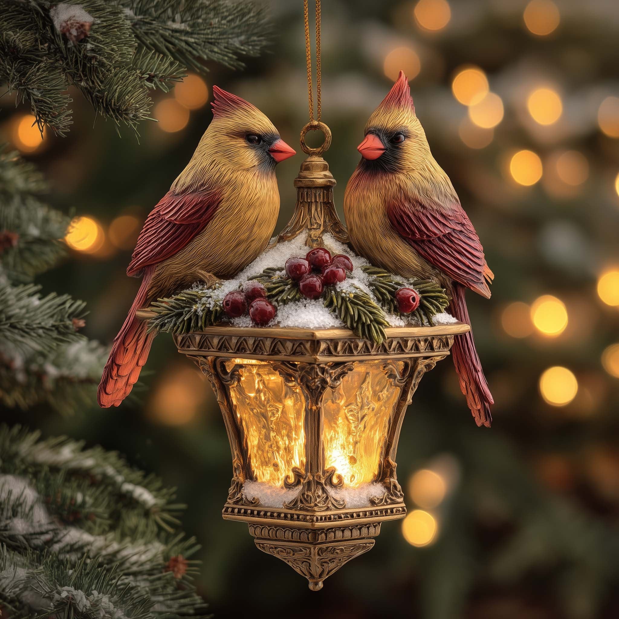 Cardinal Pair on a Golden Lantern Christmas Ornament