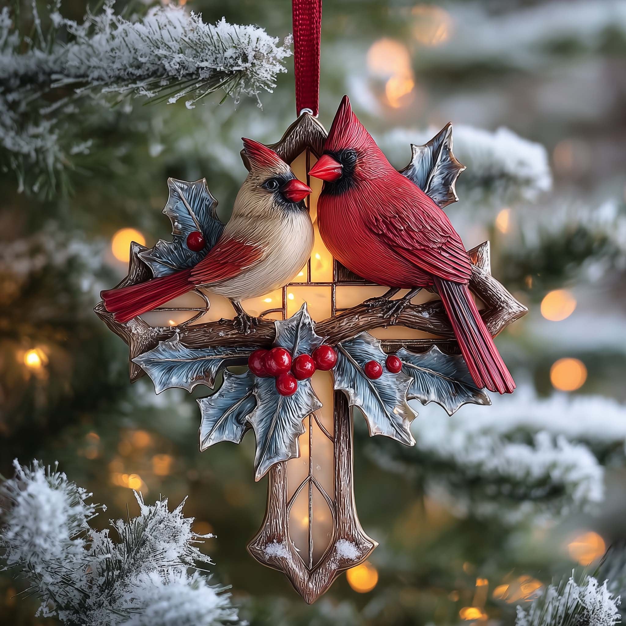 Cardinal Pair on a Holly Cross Christmas Ornament