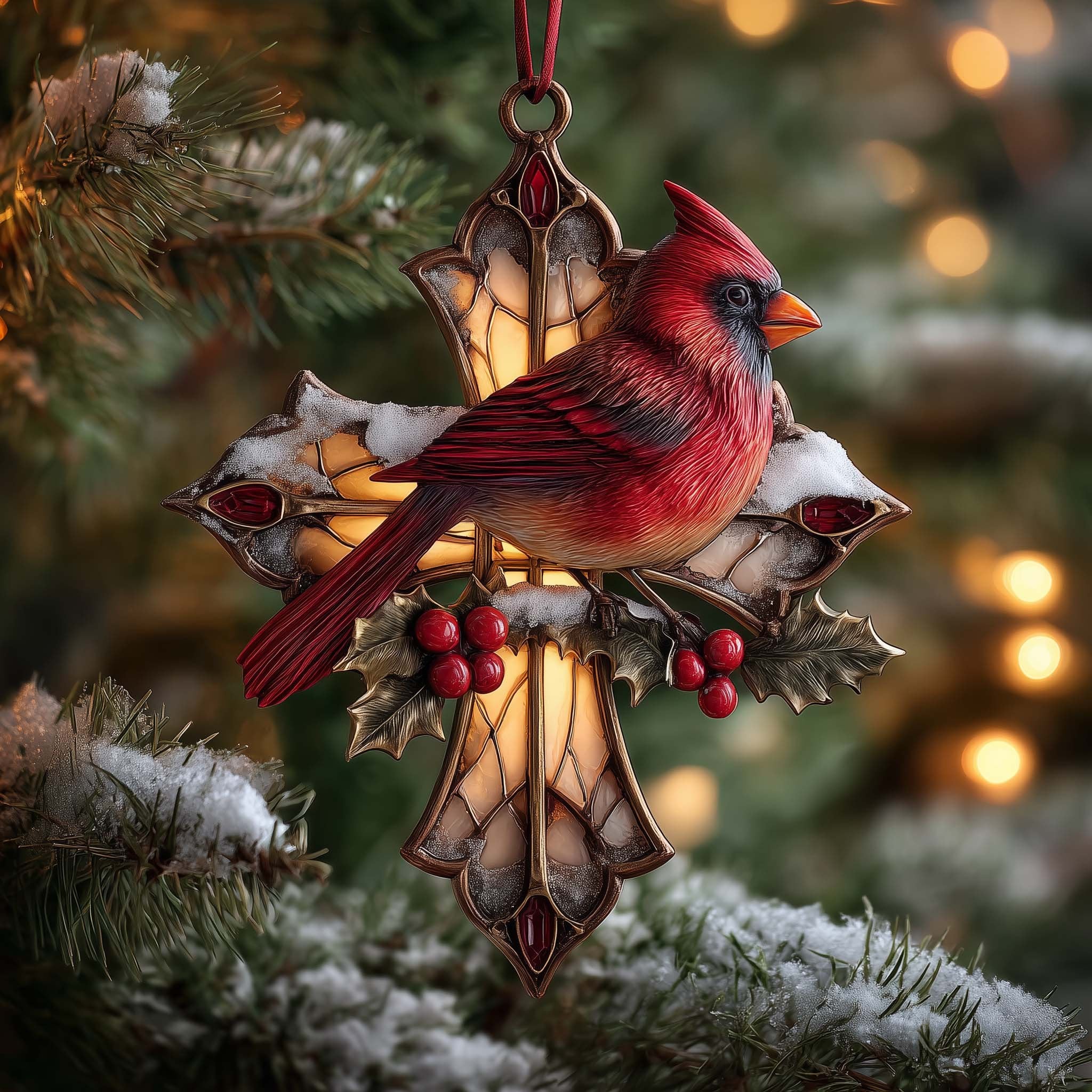 Cardinal on a Stained Glass Cross Christmas Ornament