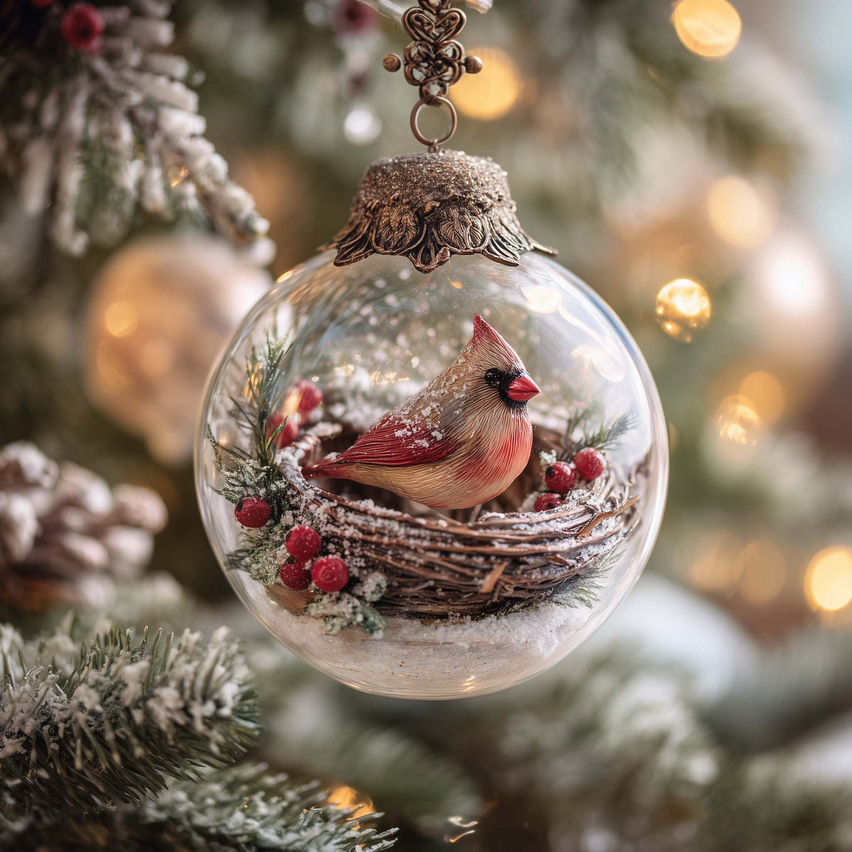 Cardinal Nest in a Snow Globe Christmas Ornament