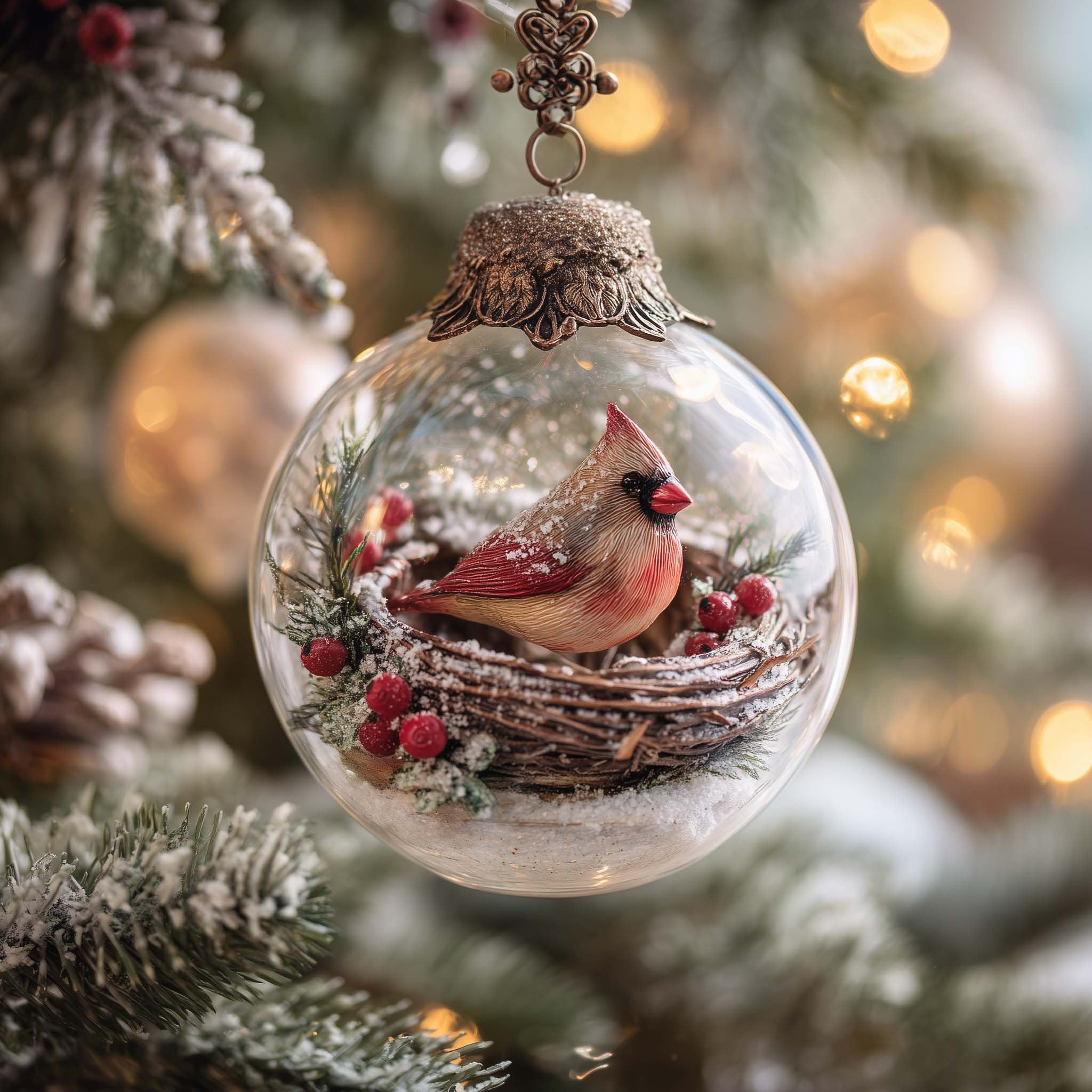 Cardinal Nest in a Snow Globe Christmas Ornament