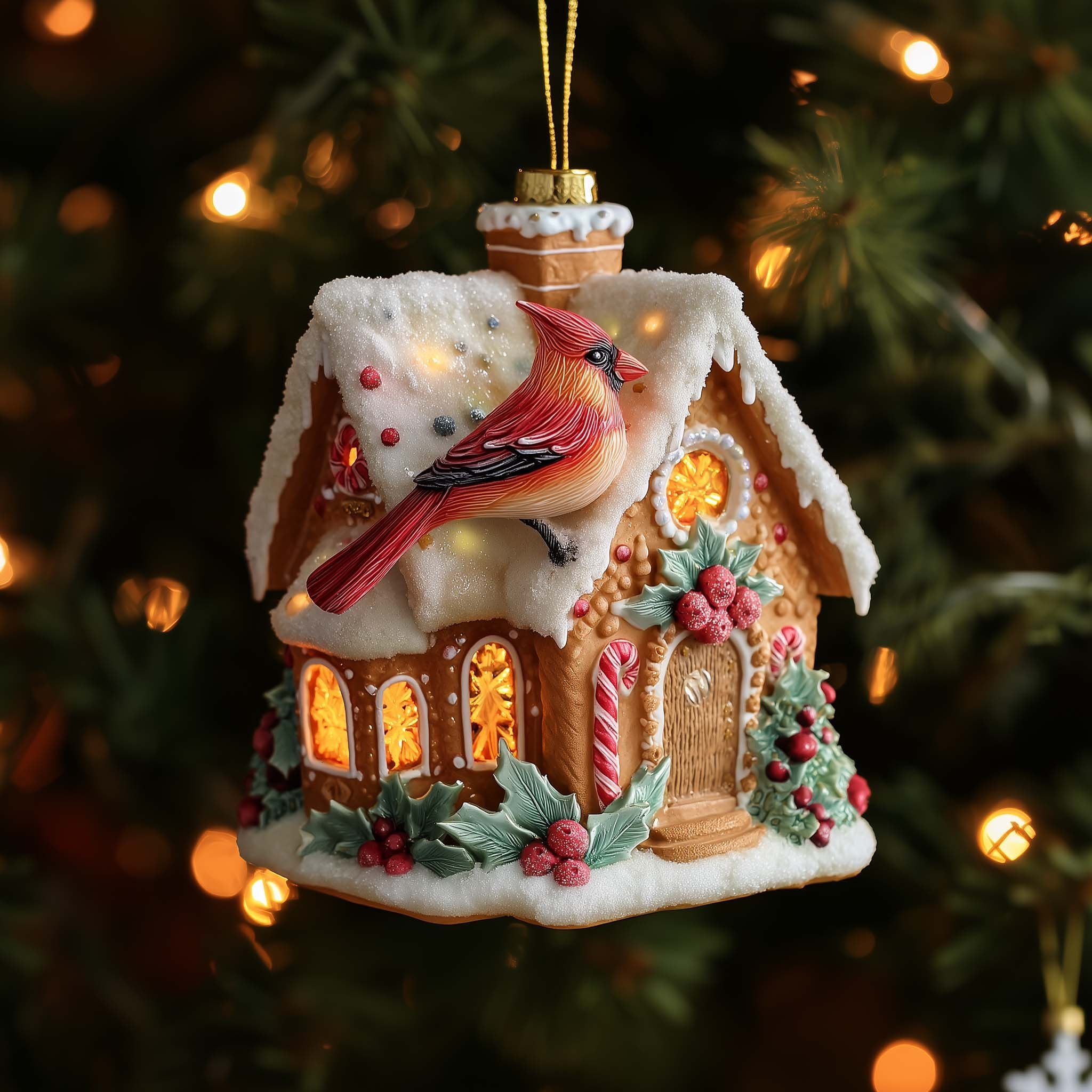 Cardinal at the Gingerbread Cottage Christmas Ornament