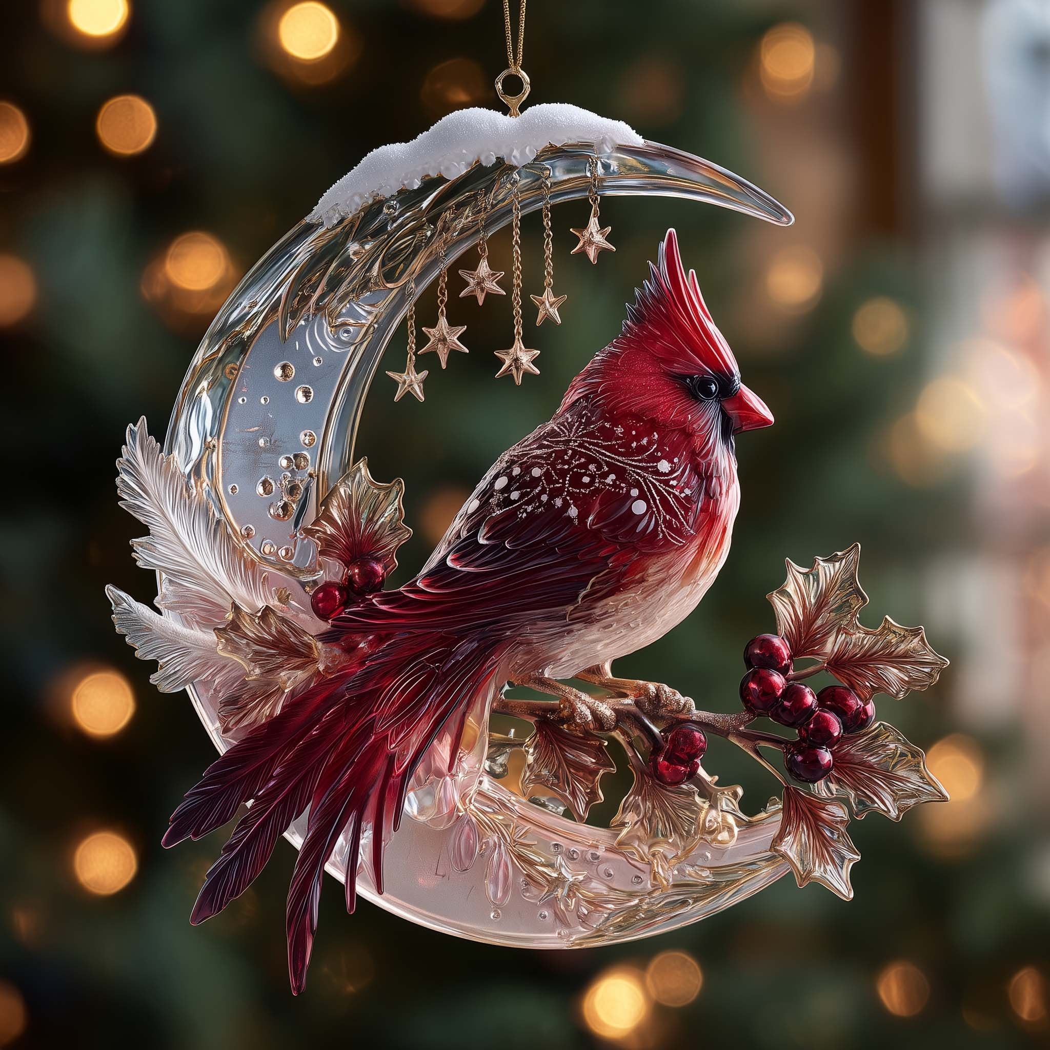 Cardinal on a Crescent Moon Christmas Ornament