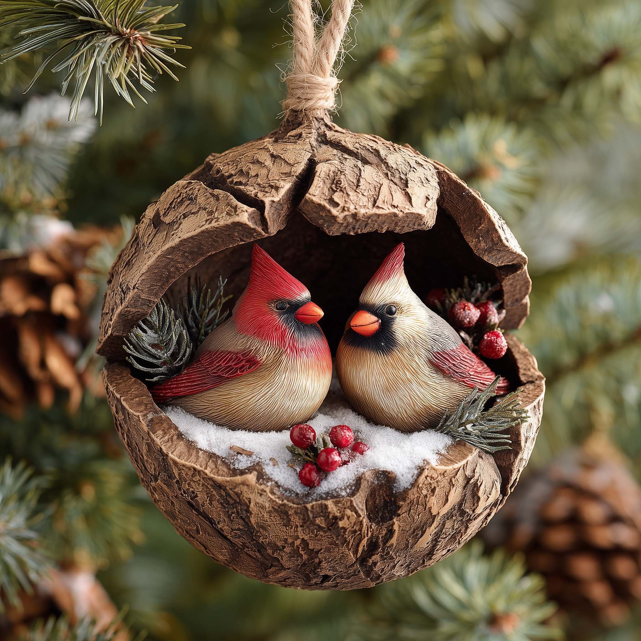 Cardinal Pair in a Nest Ball Christmas Ornament