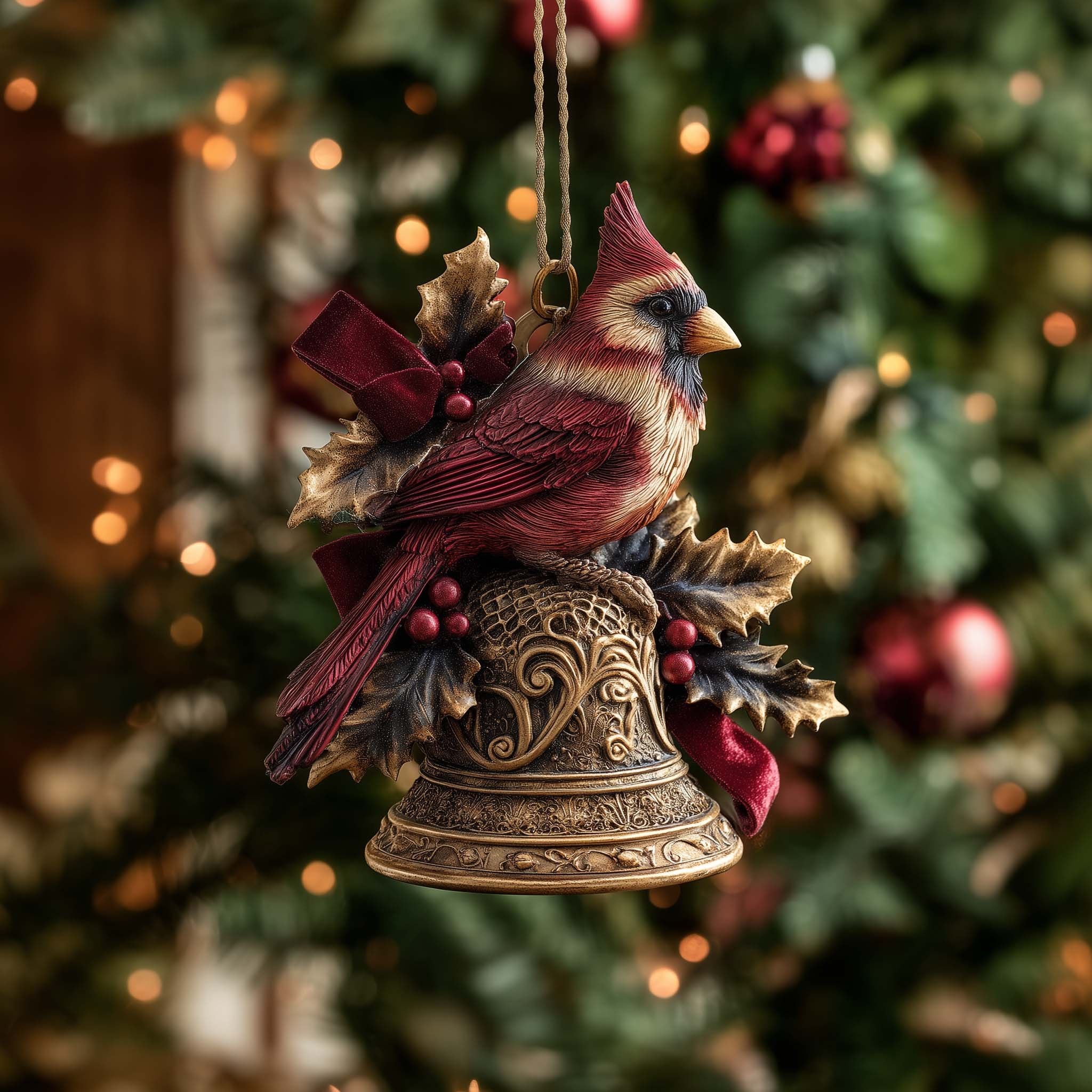 Cardinal on a Brass Bell Christmas Ornament