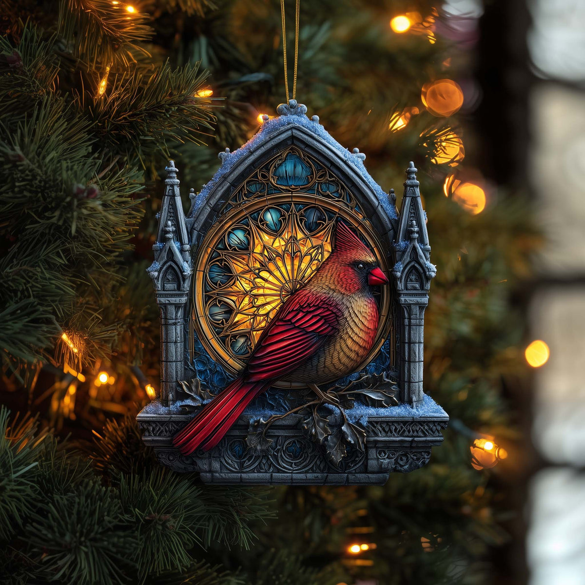 Cardinal in a Cathedral Window Christmas Ornament