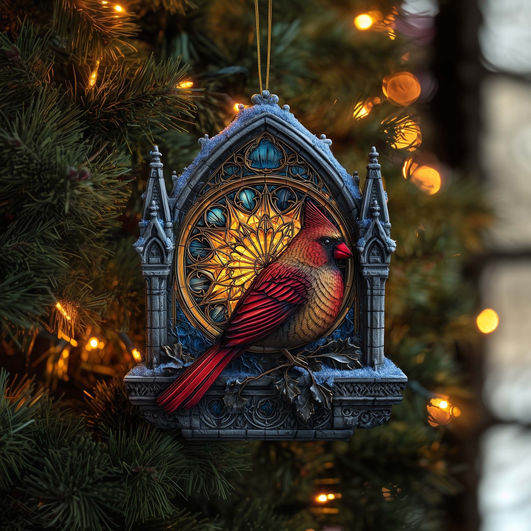 Cardinal in a Cathedral Window Christmas Ornament