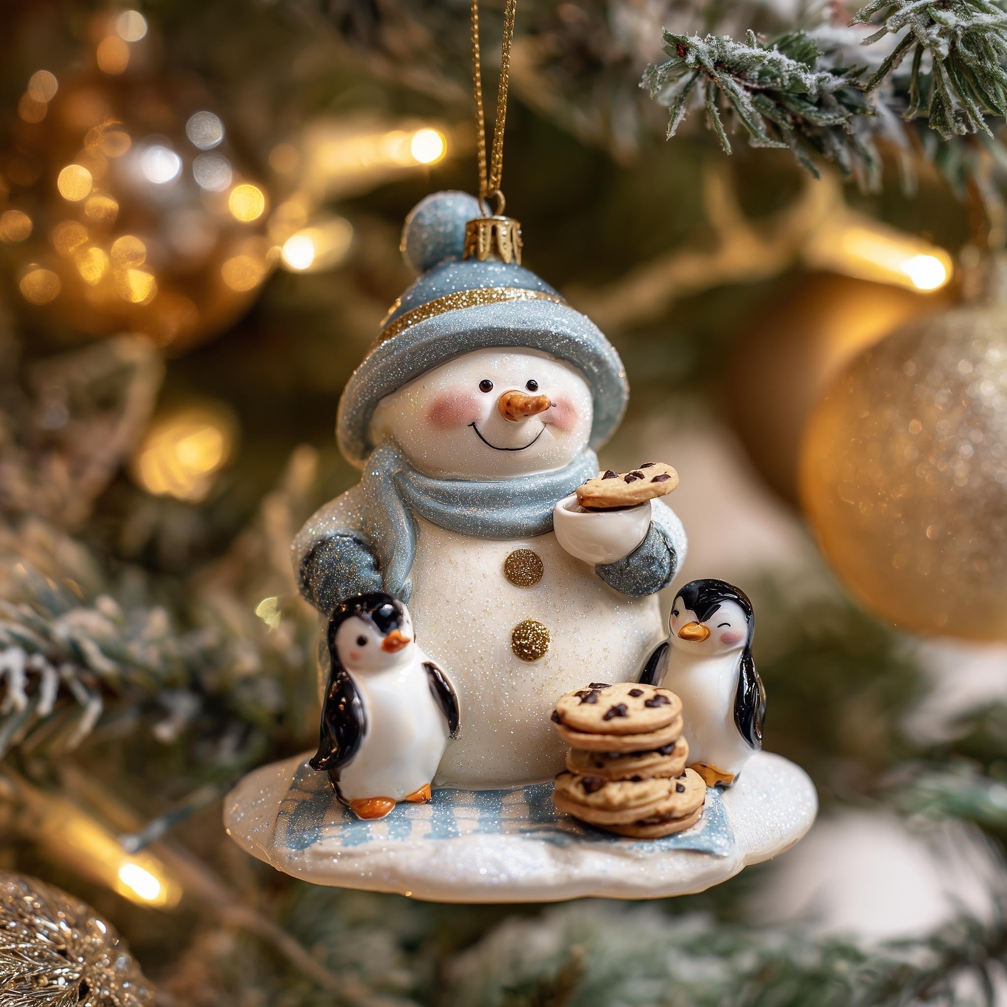 Snowman with Penguins and Cookies Christmas Ornament