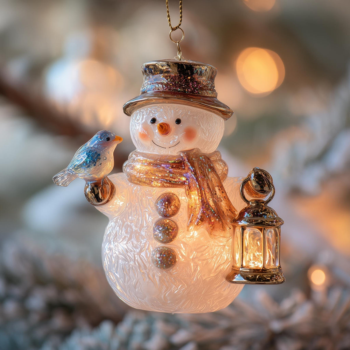 Snowman with a Bluebird and Lantern Christmas Ornament