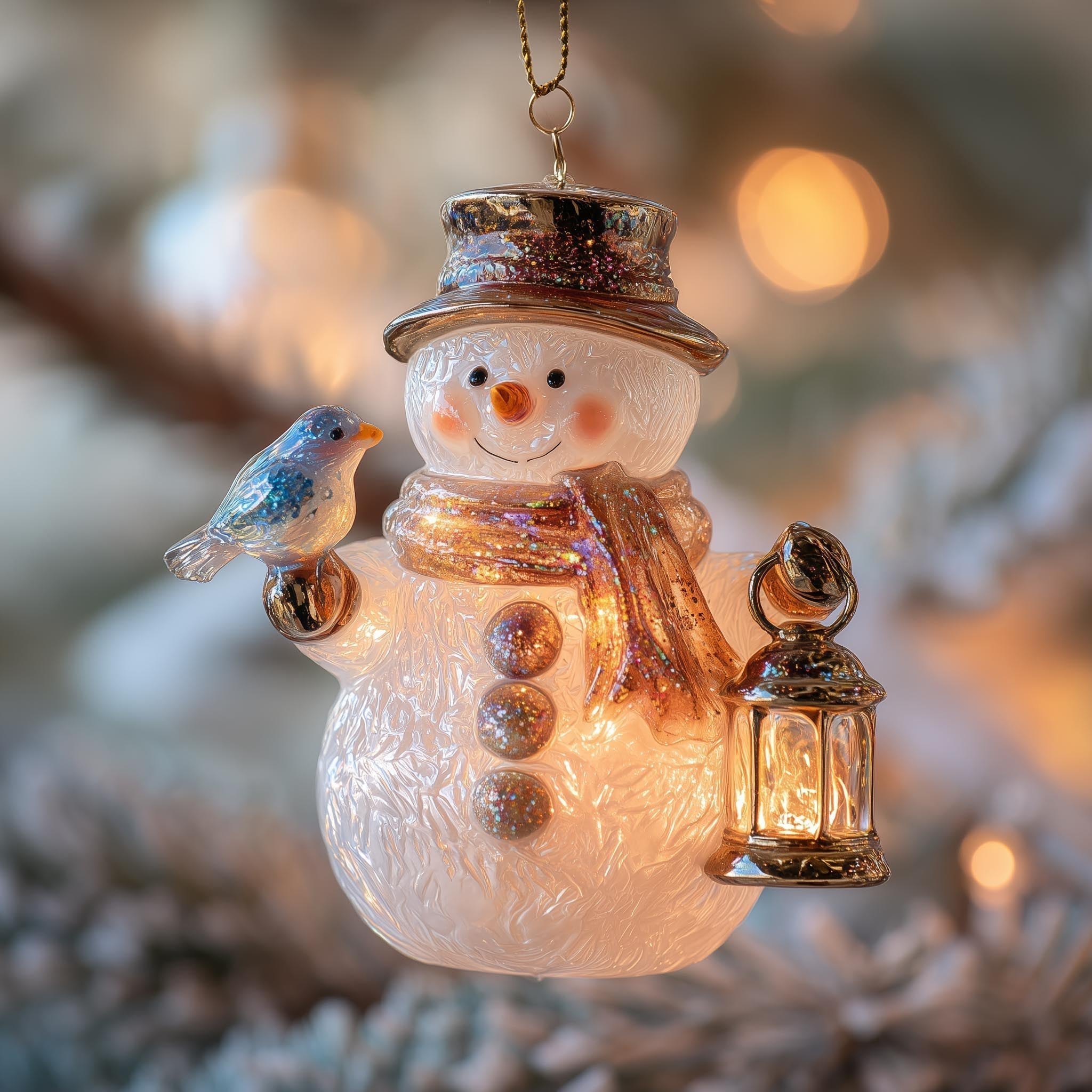 Snowman with a Bluebird and Lantern Christmas Ornament