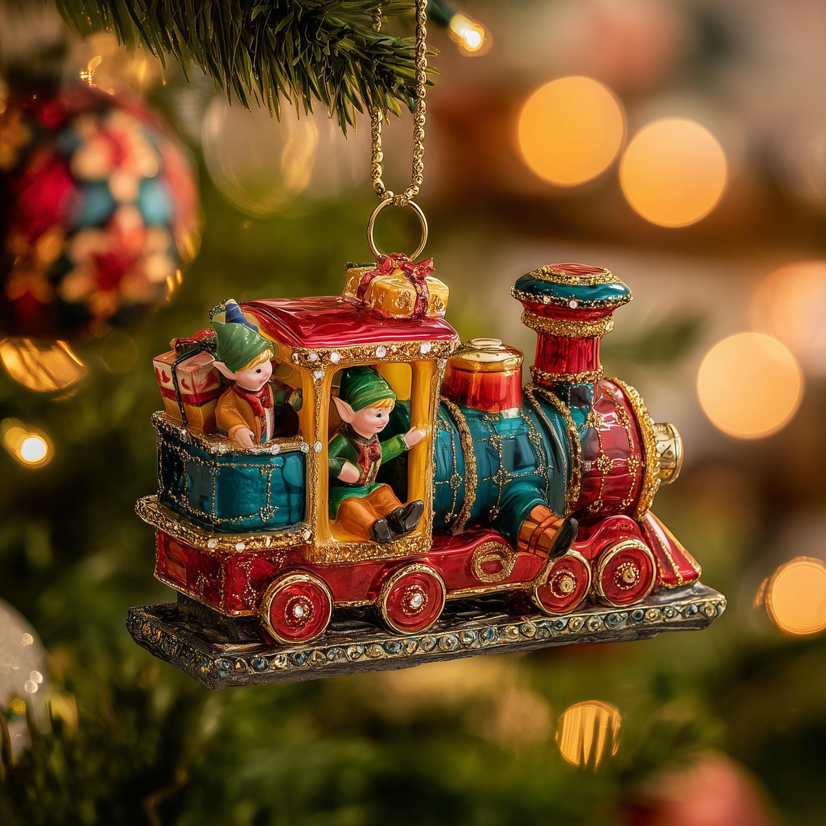 Elves on a Christmas Train Christmas Ornament