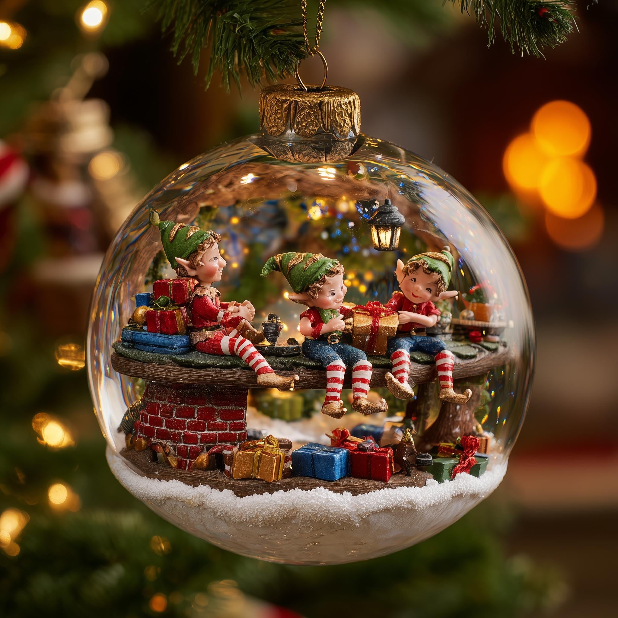Elf Train in a Snow Globe Christmas Ornament