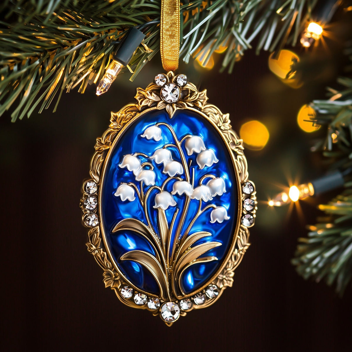 Lily of the Valley on Royal Blue Christmas Ornament