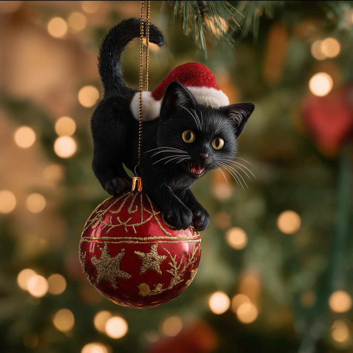 Black Cat in a Santa Hat on a Bauble Christmas Ornament