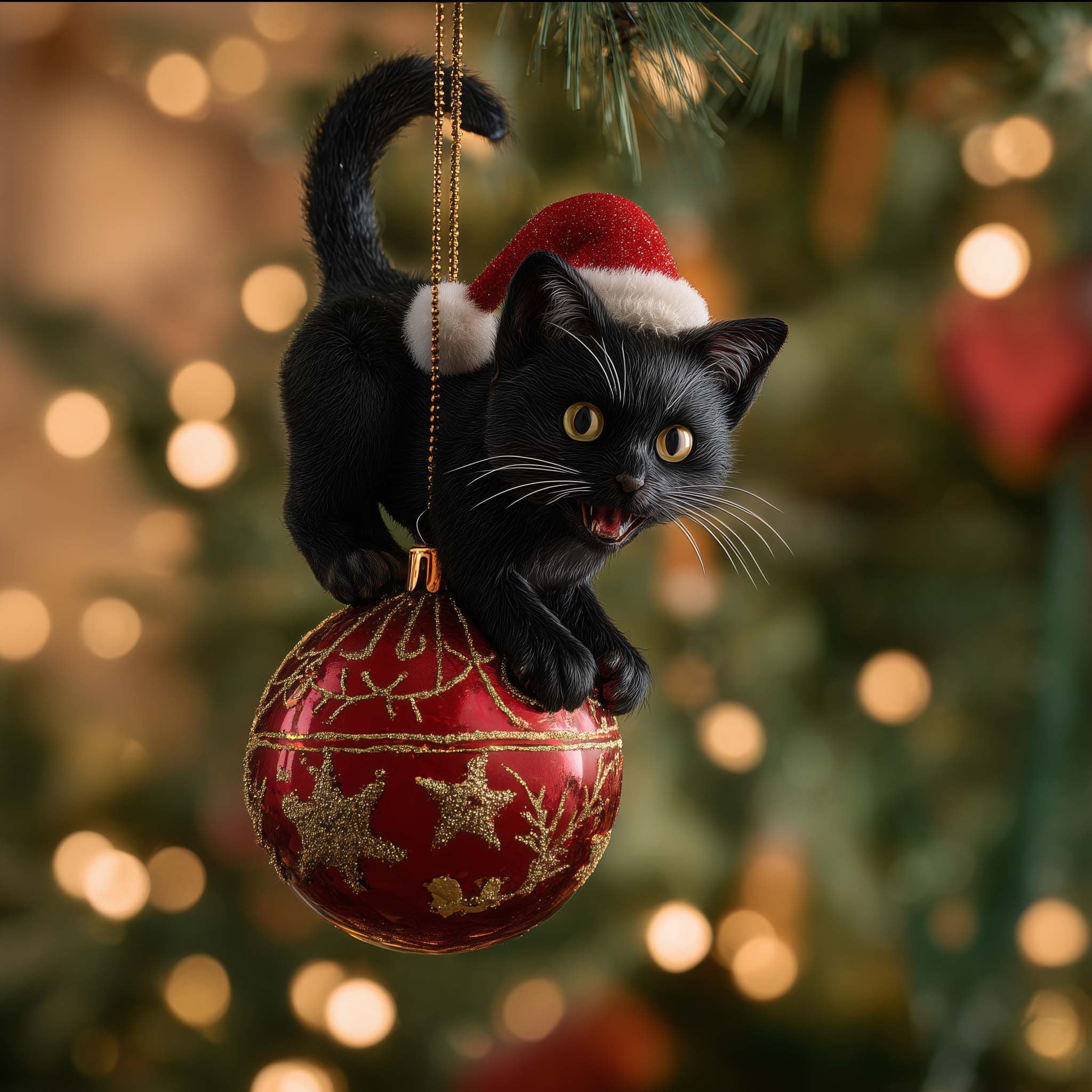 Black Cat in a Santa Hat on a Bauble Christmas Ornament