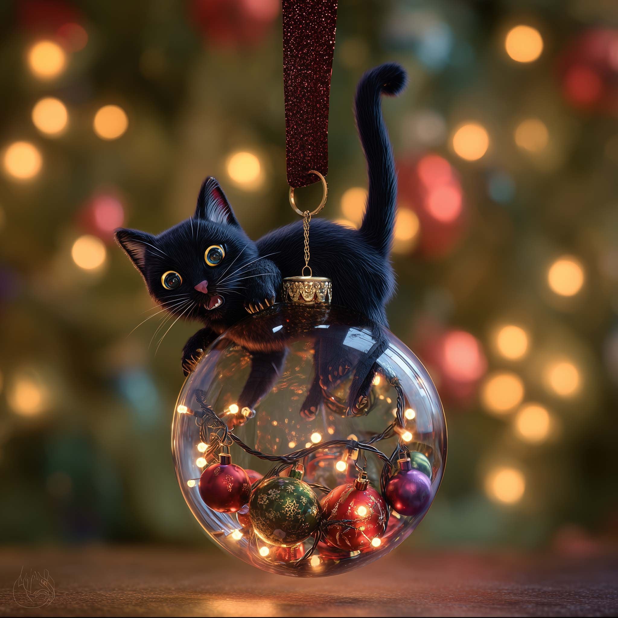 Black Cat on a Glass Bauble Christmas Ornament