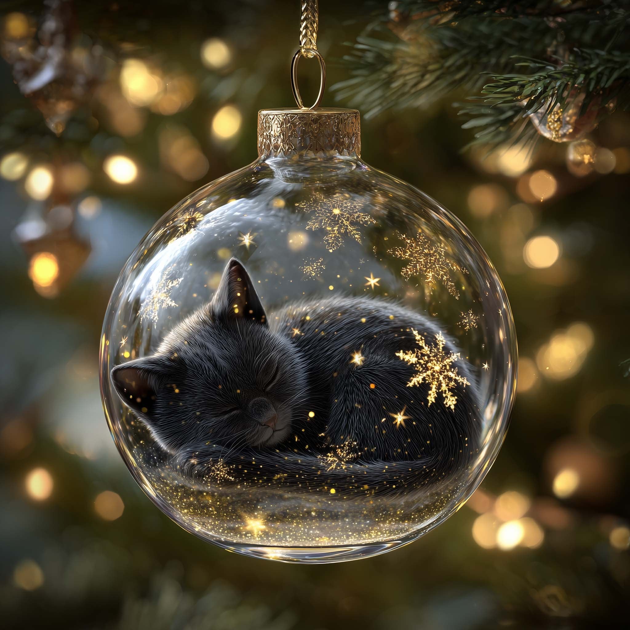 Sleeping Black Cat in a Star Globe Christmas Ornament