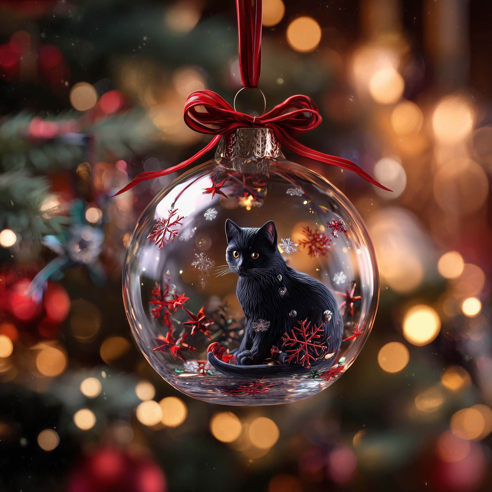 Black Cat in a Snowflake Globe Christmas Ornament