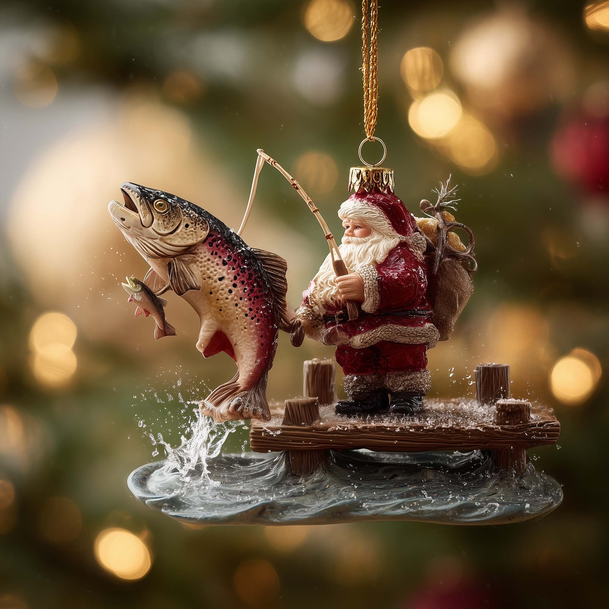 Santa Reeling in a Big Catch Christmas Ornament