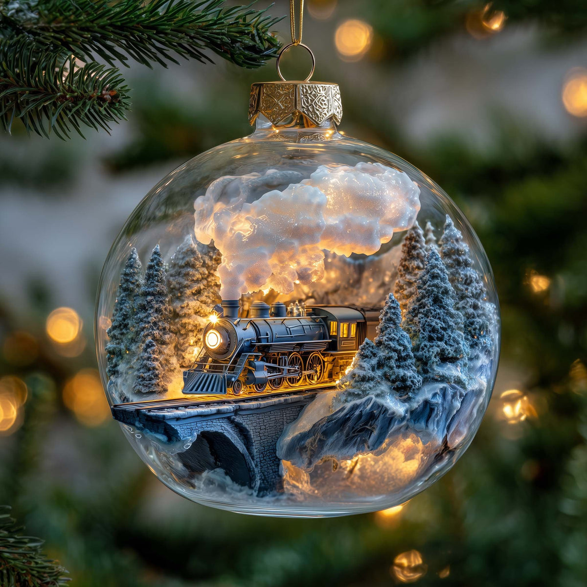 Train on a Snowy Bridge Globe Christmas Ornament