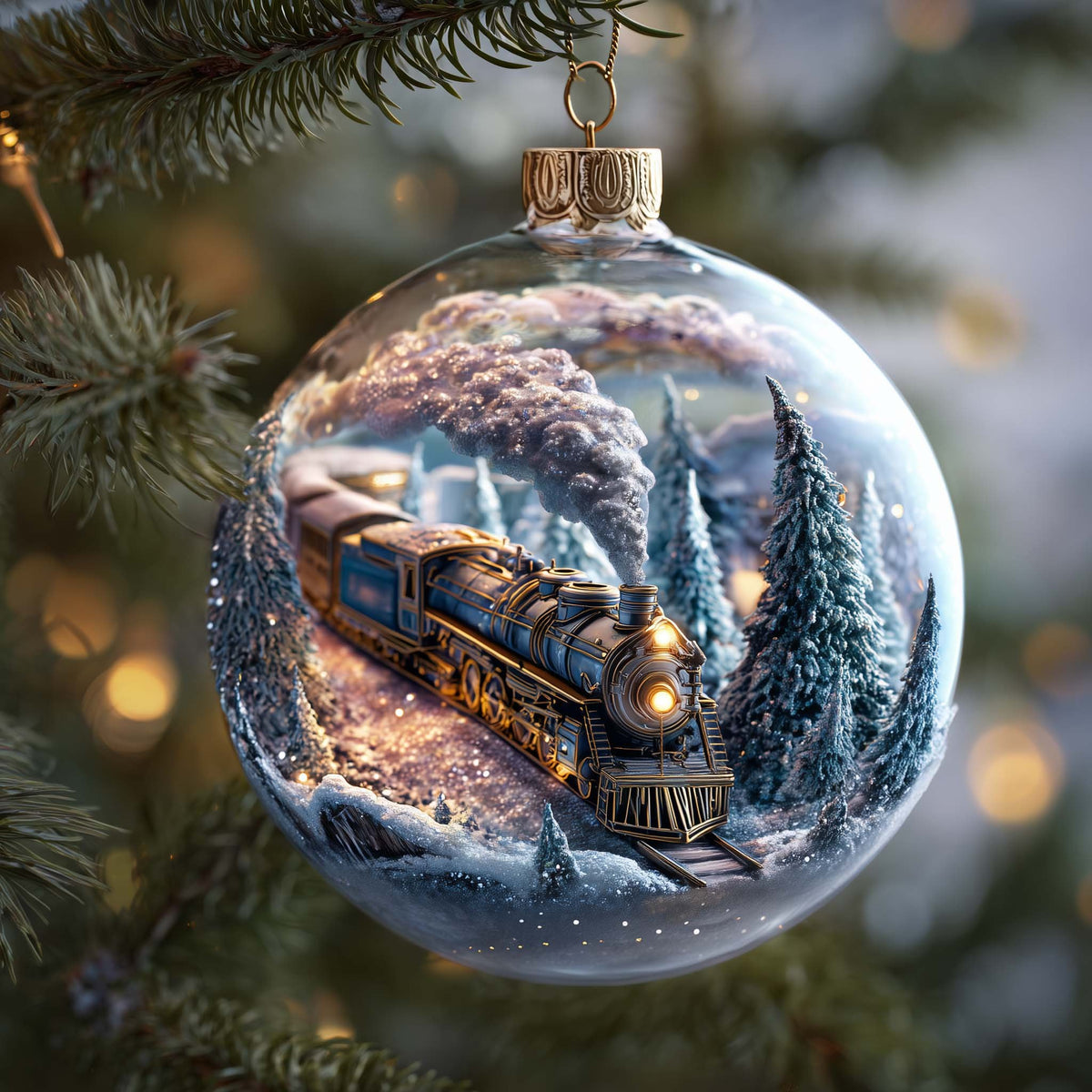 Train Through Frosted Pines Globe Christmas Ornament