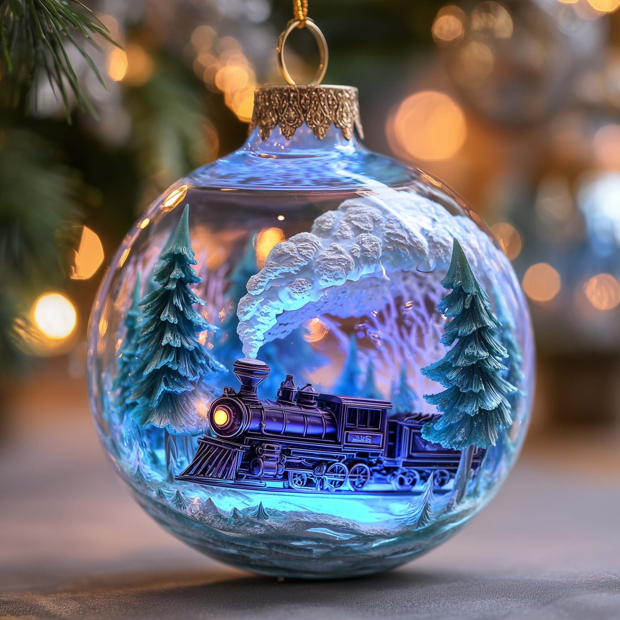 Blue Ice Train Globe Christmas Ornament