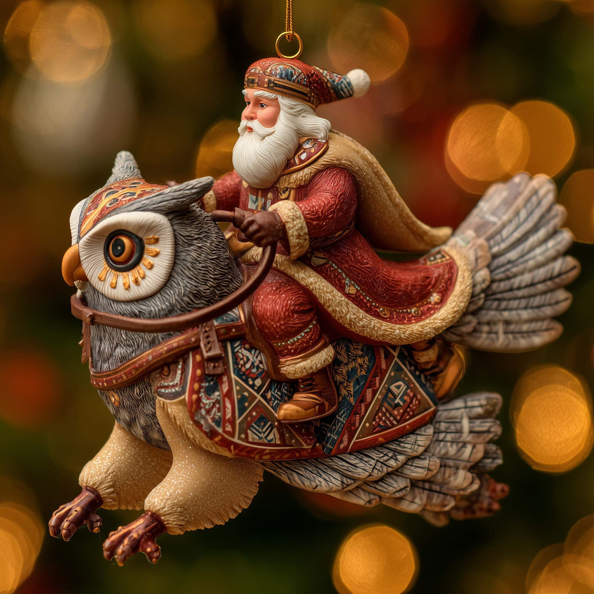 Santa on a Great Horned Owl Christmas Ornament