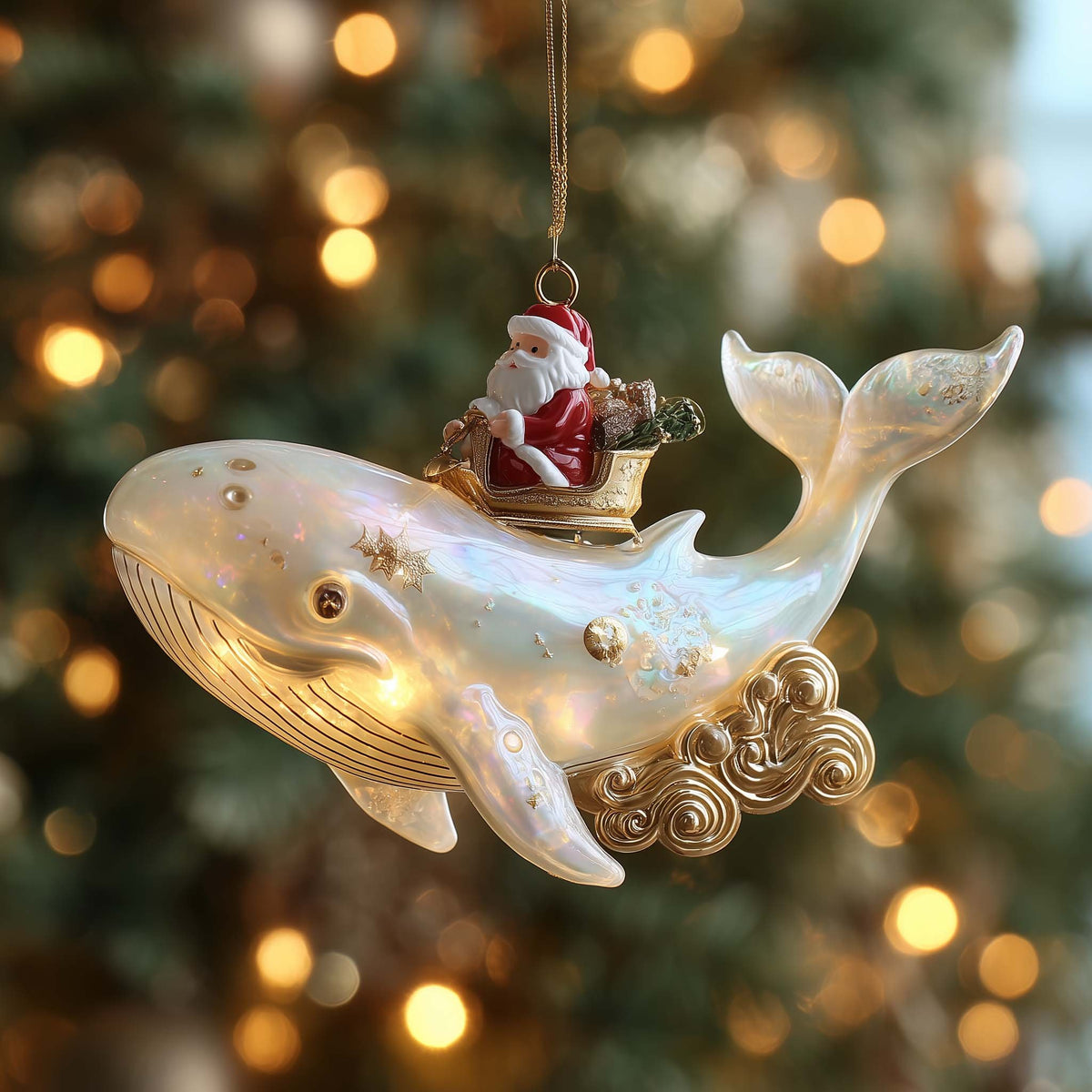 Santa Sailing on a Pearl Whale Christmas Ornament