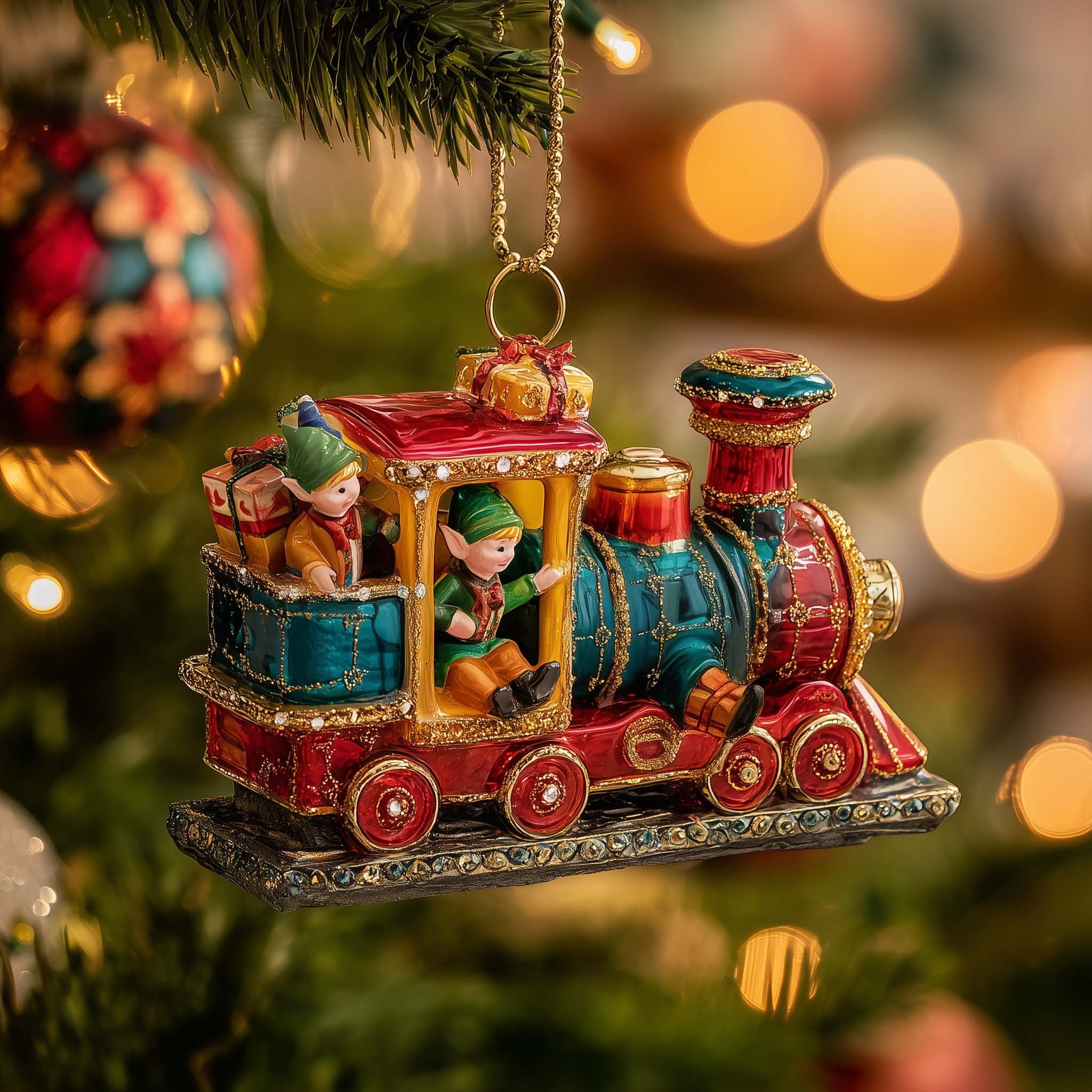 Elves Driving a Toy Locomotive Christmas Ornament