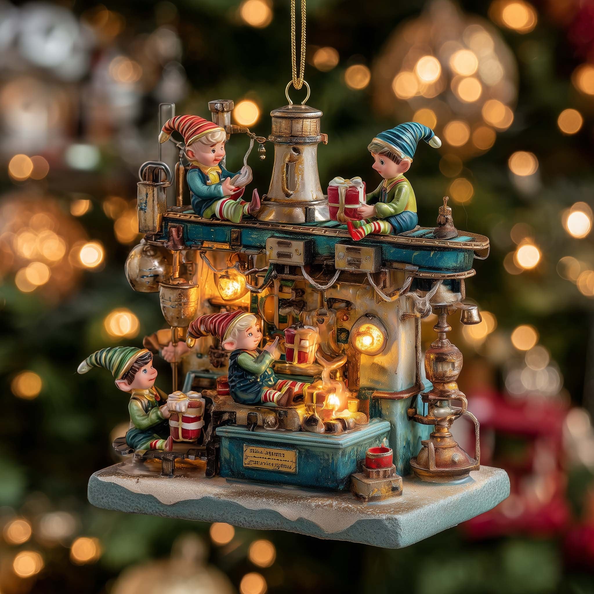 Elves at the Toy Workbench Christmas Ornament