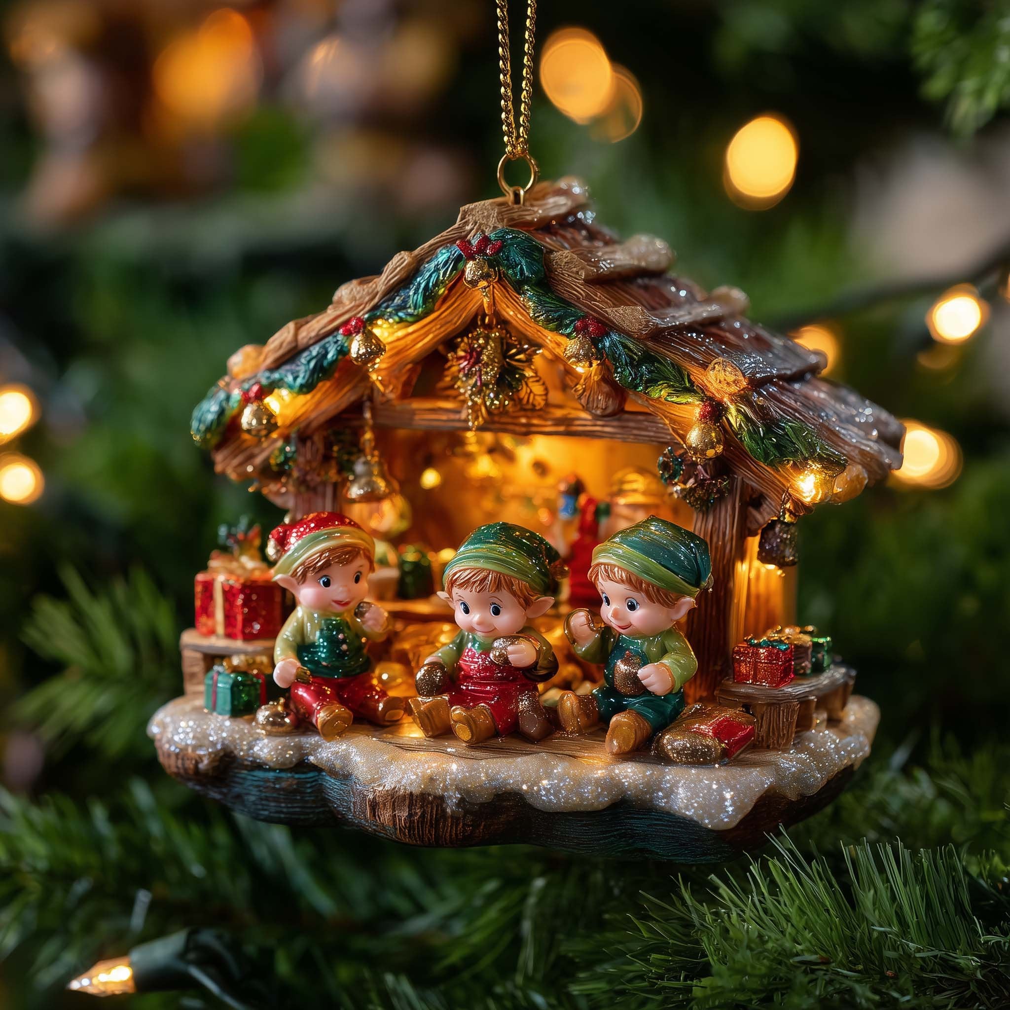 Elf Workshop Cabin at Night Christmas Ornament
