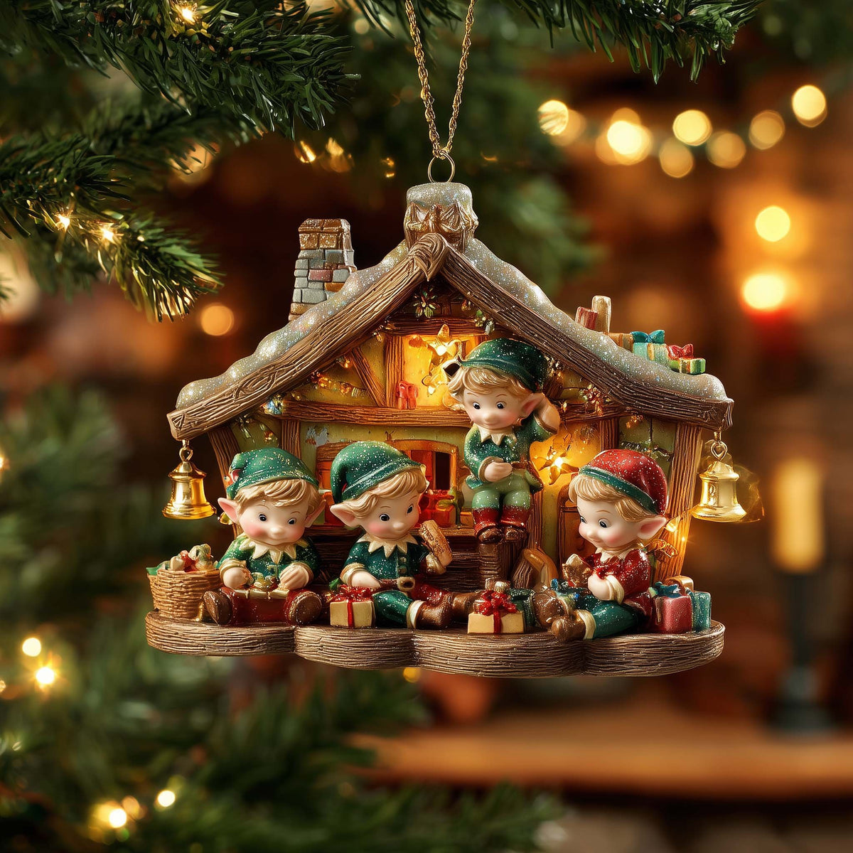 Elves Wrapping Gifts in the Workshop Christmas Ornament
