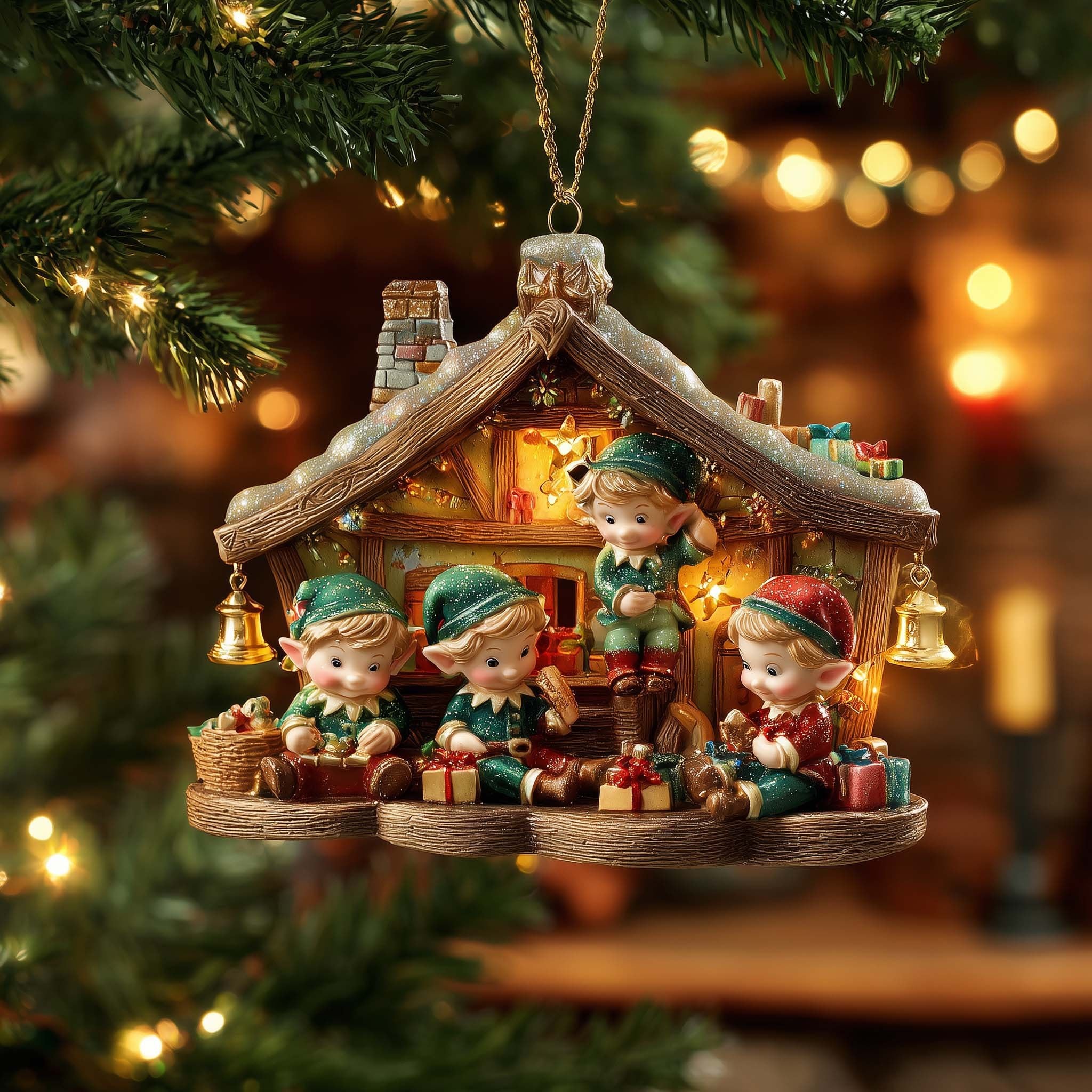 Elves Wrapping Gifts in the Workshop Christmas Ornament